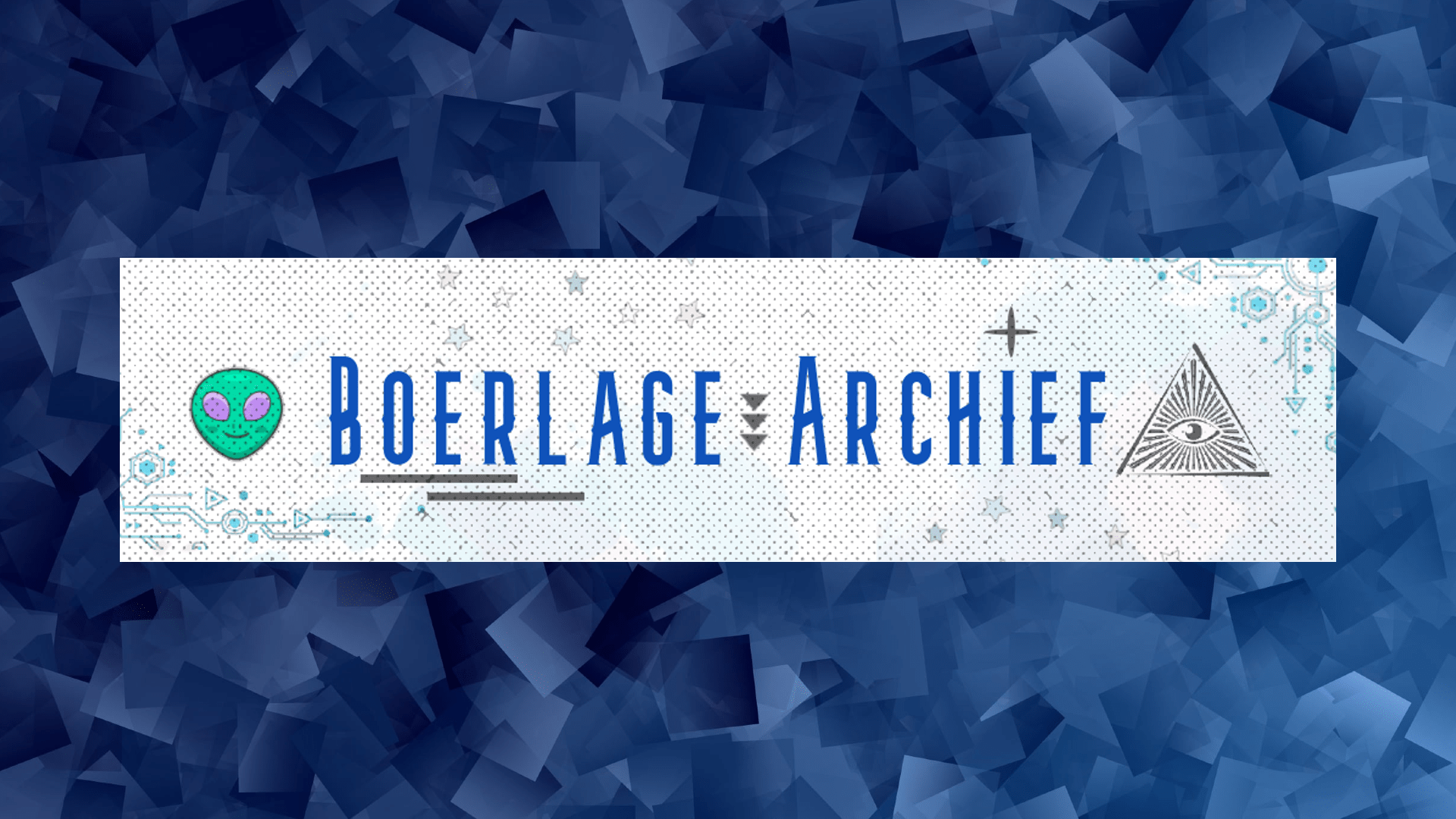 Logo website Boerlage archief met punt patroon en diverse vormen zoals een driehoek en lijn. Groen gezicht alien naast de tekst.