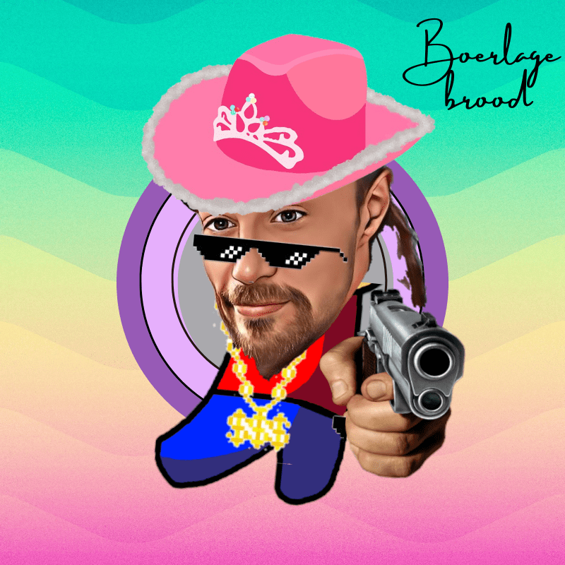 Digitaal kunstwerk van Michael Boerlage als Rainbow Cowboy. Man met hoed en pistool op pastel gekleurde achtergrond.