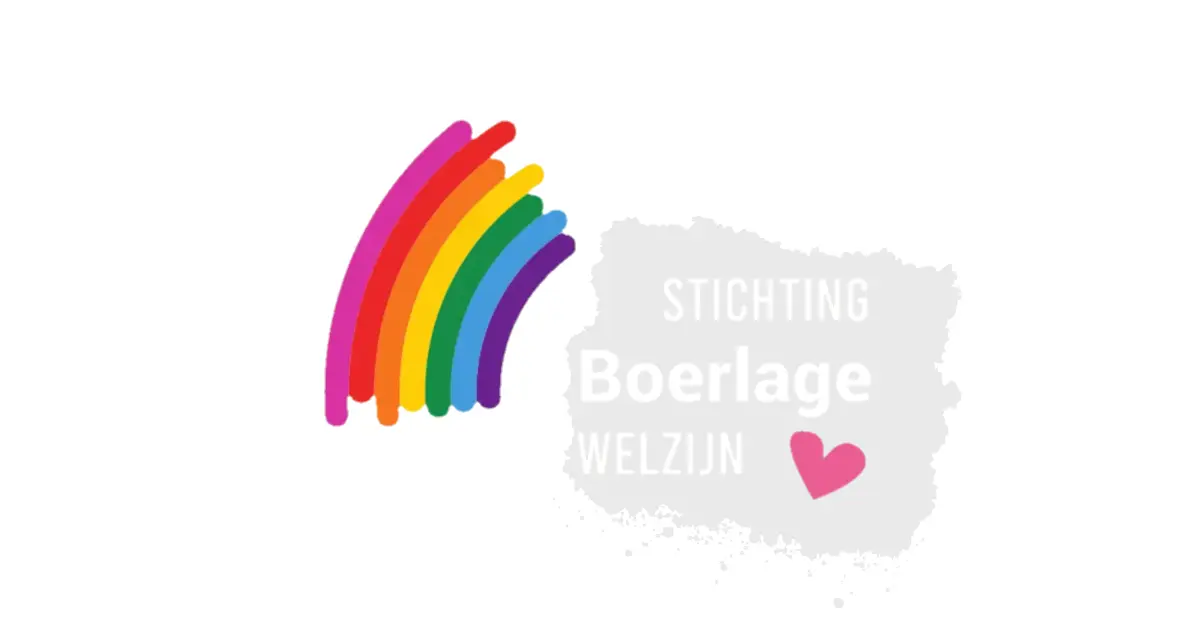 Logo van stichting Boerlage welzijn.Gekleurde regenboog met hartjes